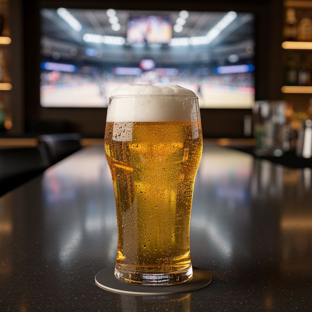 Close-up of a perfectly poured glass of beer on a modern bar counter, sports bar atmosphere, blurred background with sports hall view.