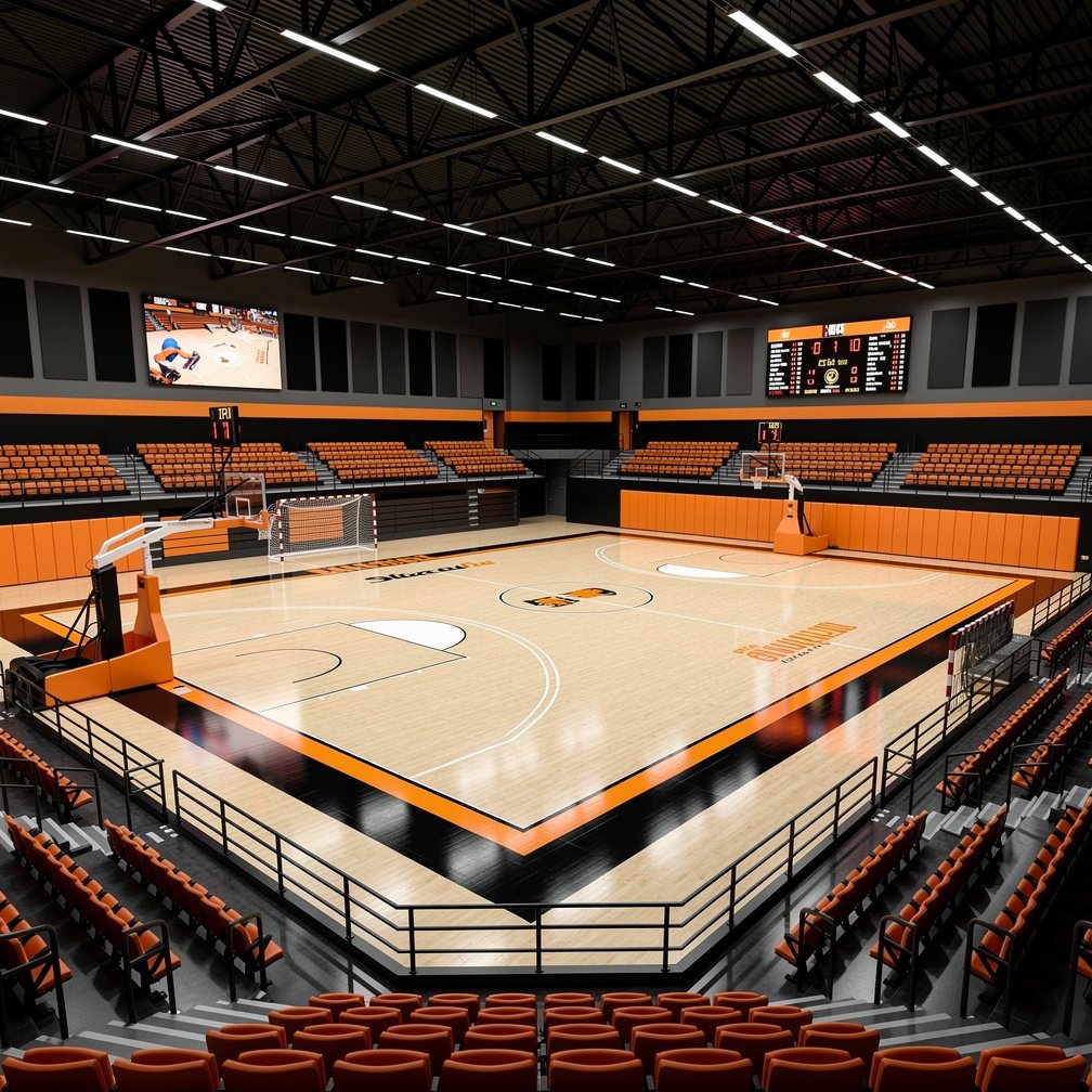 Modern multi-purpose sports hall interior with orange and black details, basketball court, high-end professional look.