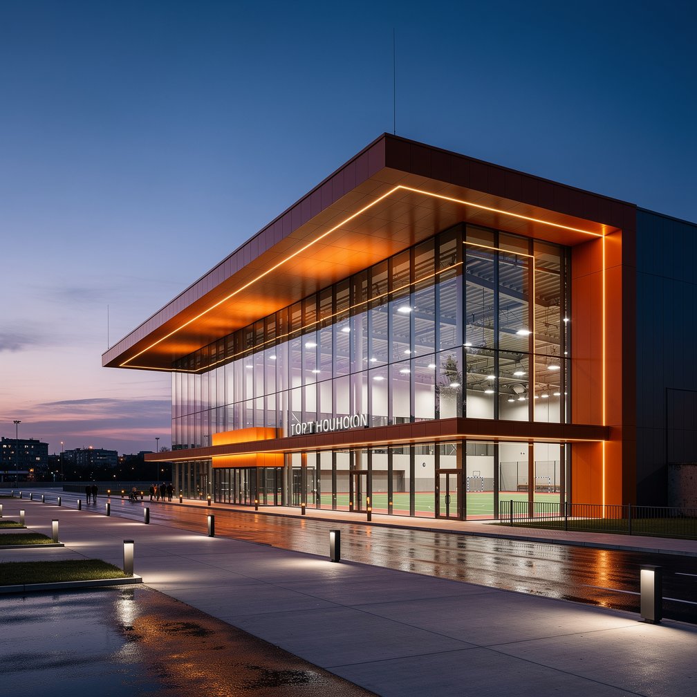 Modern sports hall exterior at dusk, sleek architecture, glass and steel, orange lighting accents.