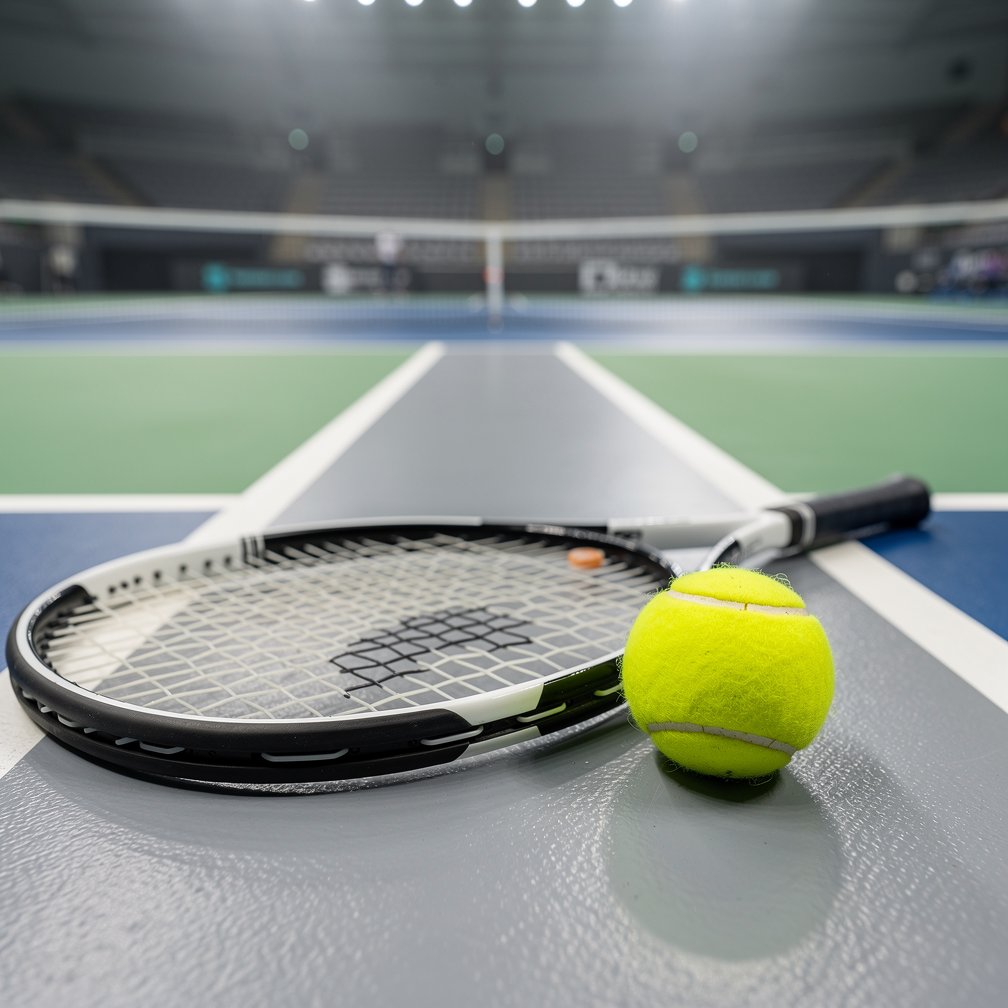 Tennis racket and ball on a modern indoor sports court, professional atmosphere.