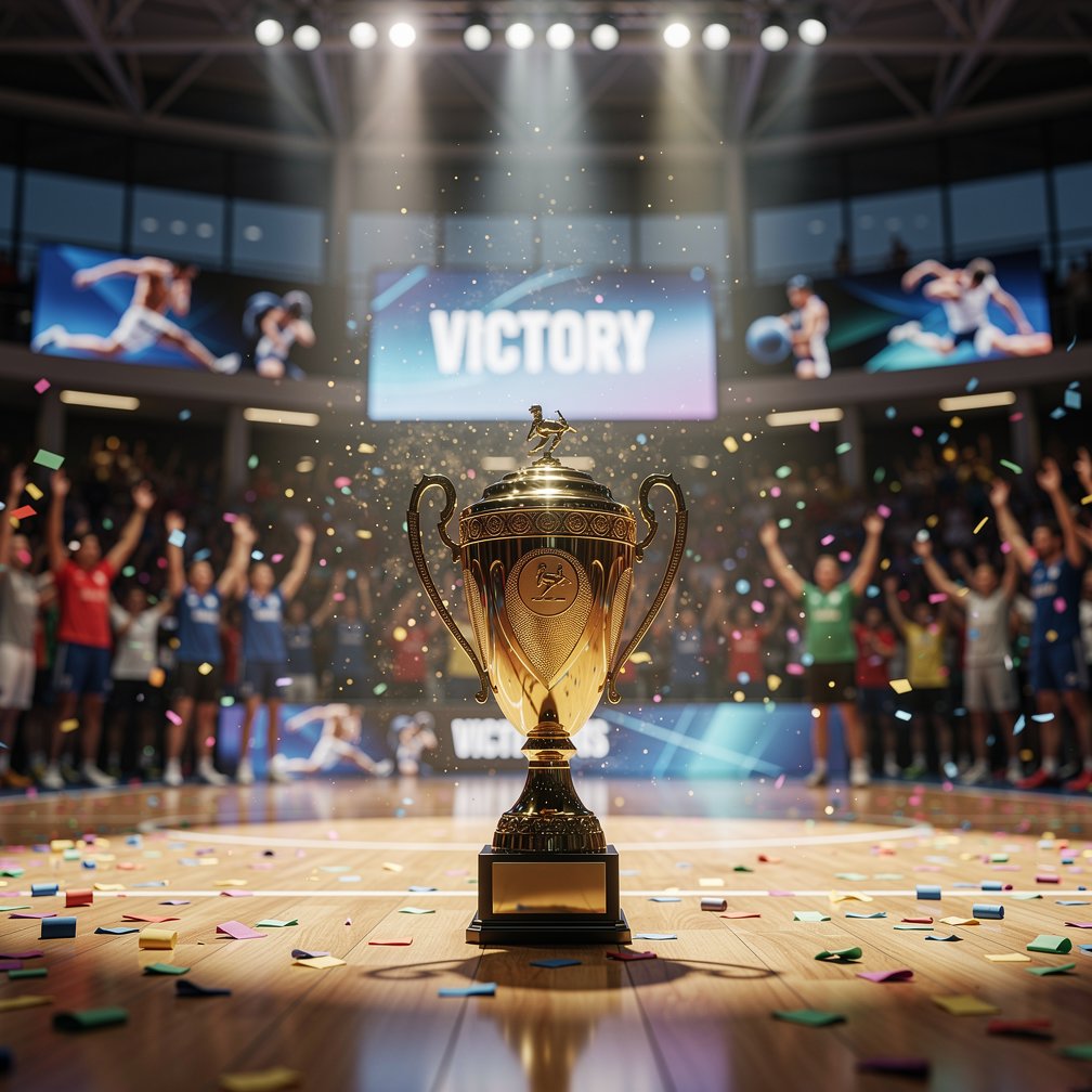 Victory trophy in a sports hall, celebration, modern athletic background.