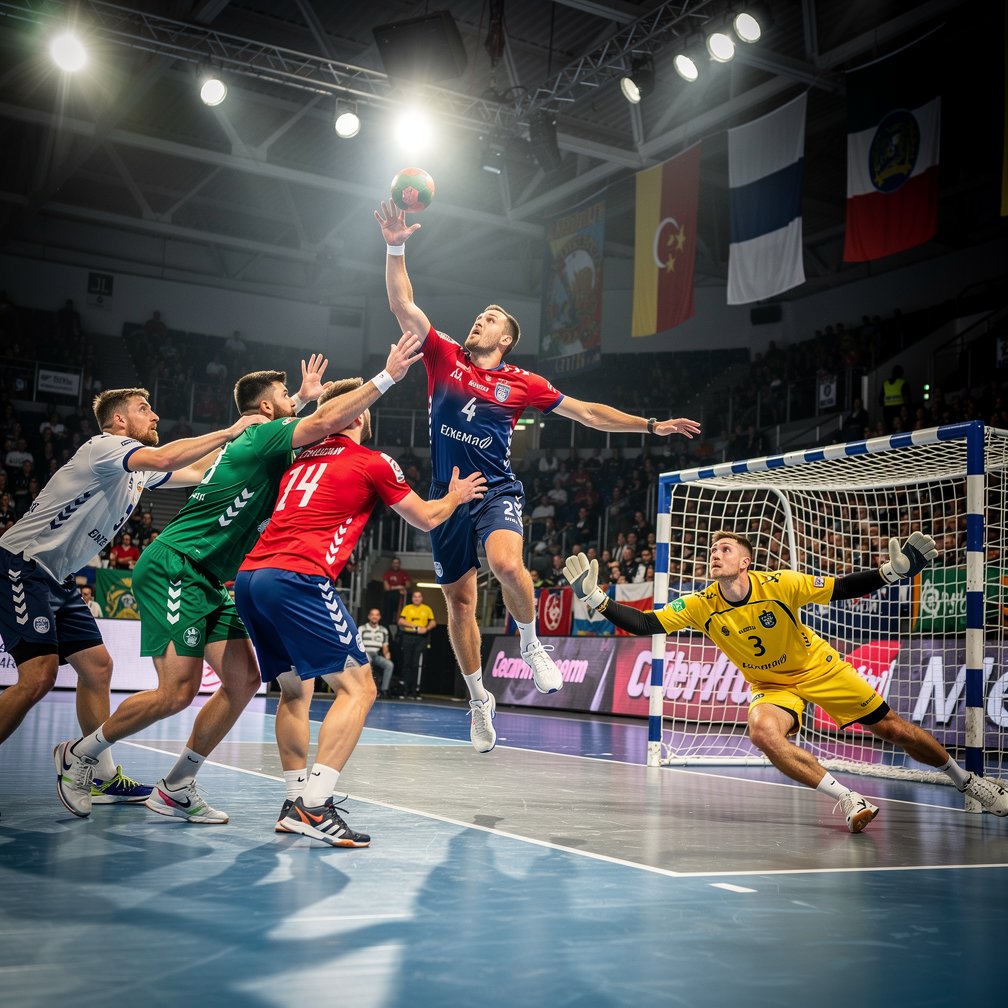 International handball game in a modern sports arena, action shot, dynamic lighting.