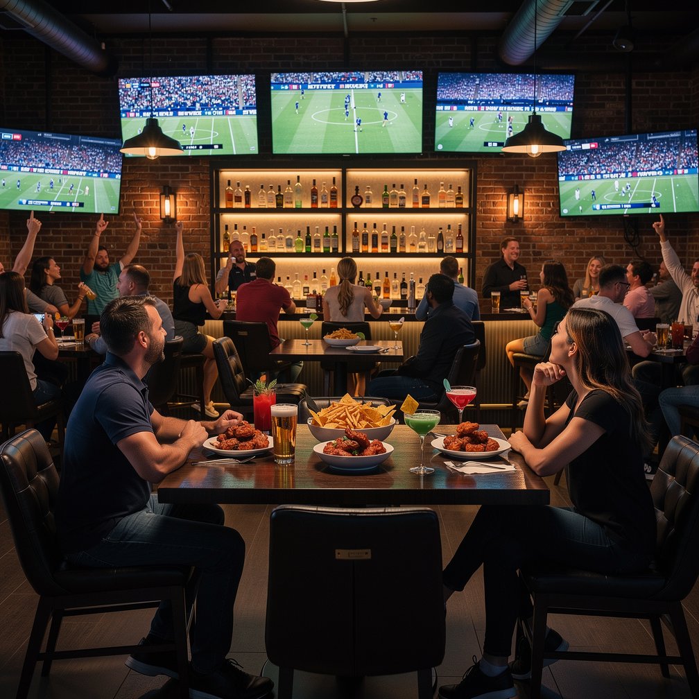 Modern interior of a sports bar with people watching a game on TV, drinks and snacks on tables, warm lighting.
