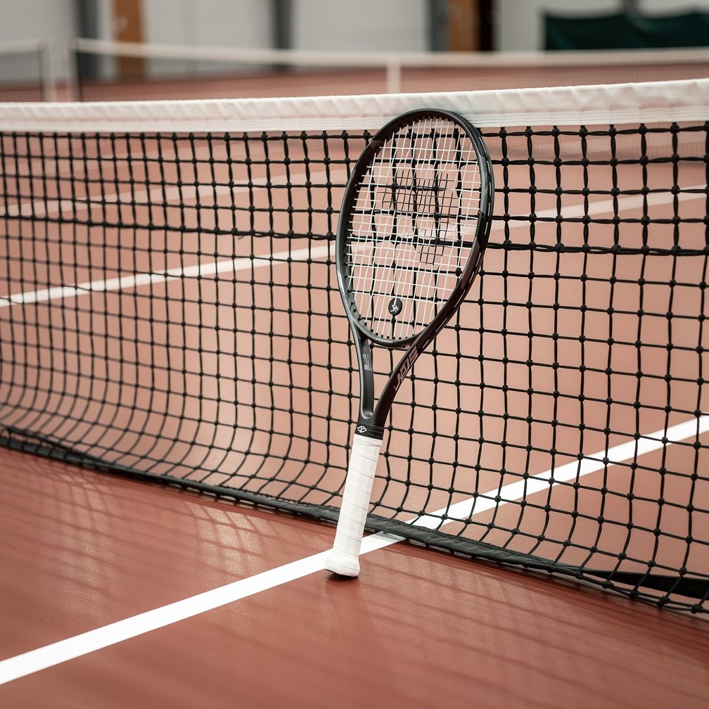 Professional tennis racket leaning against a net on an indoor tennis court, high-quality flooring, bright lights.