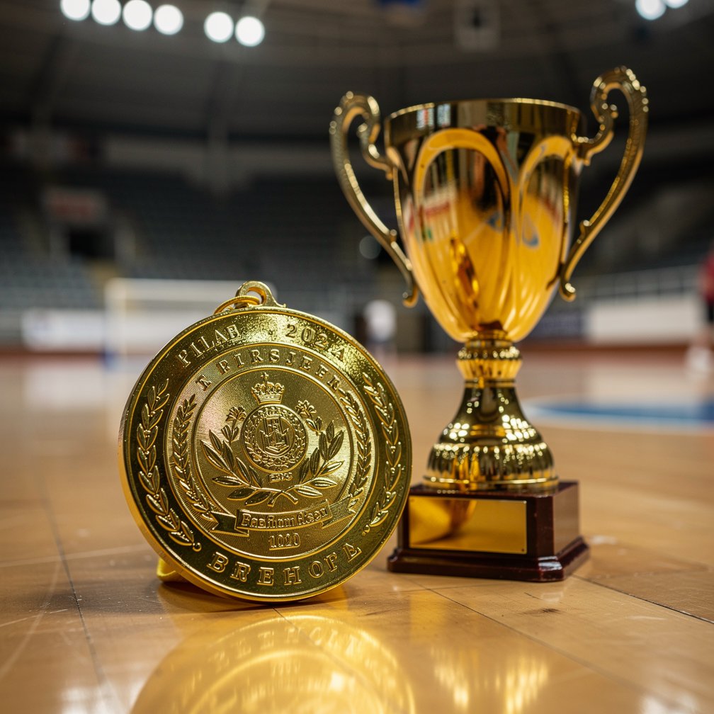 Close-up of a gold medal and a trophy on a sports court, blurred background of a sports hall.