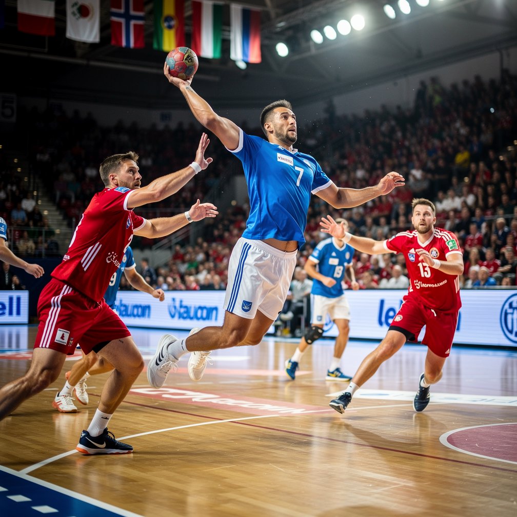 Action shot of an international handball match in a modern arena, blurred background, dynamic movement.