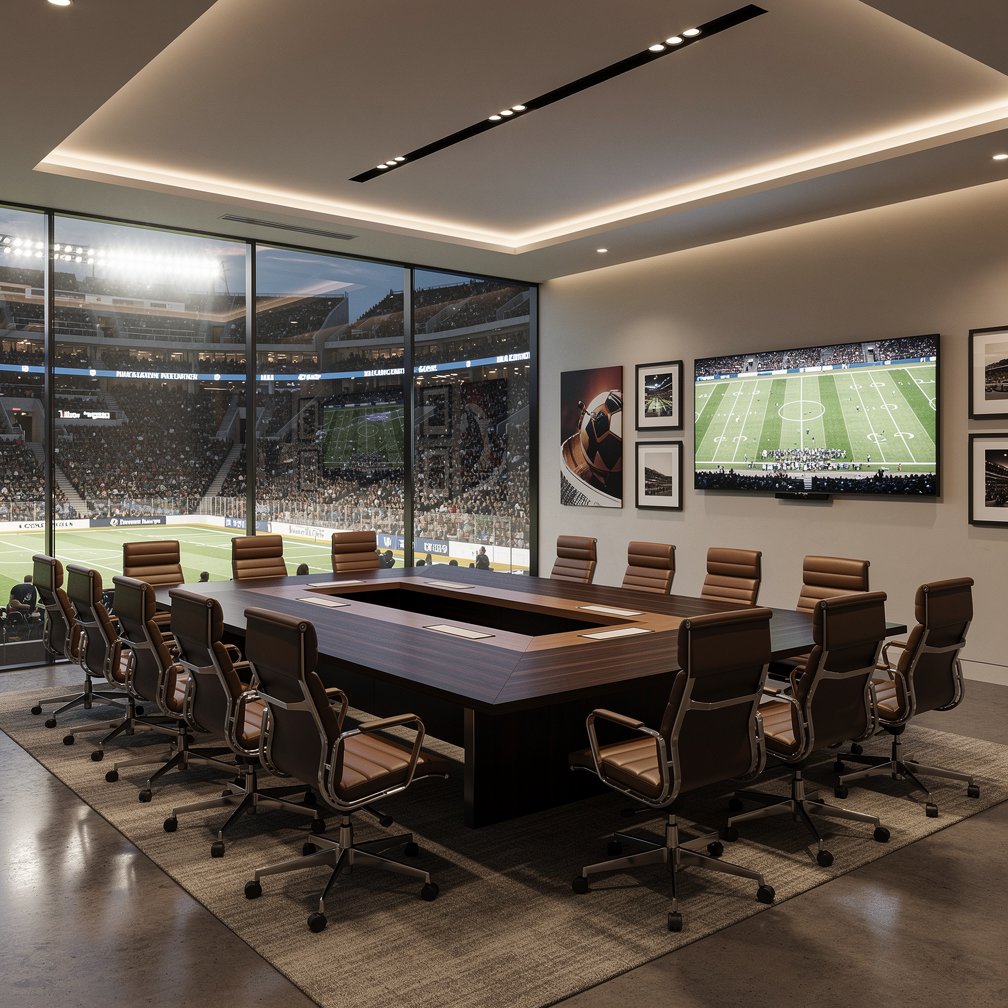 Modern meeting room in a sports complex with a view into the arena, 30 seats, high-end look.
